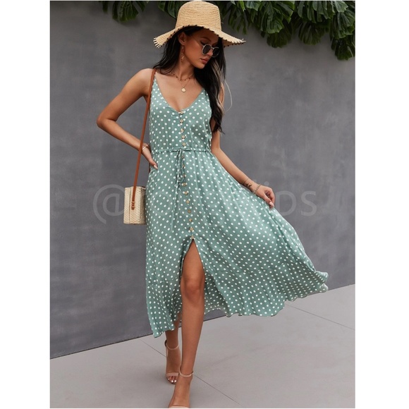 Mint Green Polka Dot Midi Button Through Dress Flared V-Neck - Picture 2 of 16